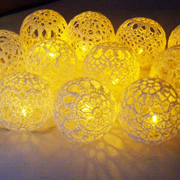 Fairy Lights, String LED Lights, Christmas Holiday Lights, Wedding Lighting, Bedroom lamps,  20 Lace Crocheted balls, garland light