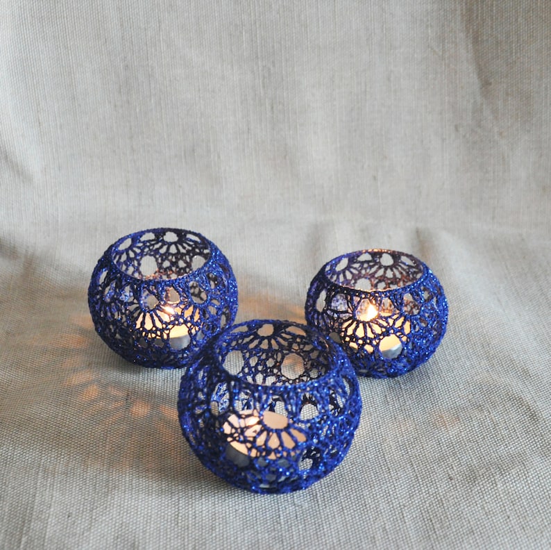 5 Wedding Candle Holders Votive Holders Crochet Table Centerpiece Set of 5, Wedding Lighting, Navy blueTable Decor, Party Wedding Decoration image 3