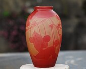 Acid Etched Cameo Vase By French Art Nouveau Artist Paul Nicolas. Delicate Cherries and Butterfly Decor. Signed Mint Condition.