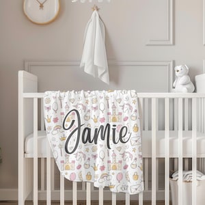 Personalized Princess Velveteen Blanket Custom Name Blanket for Girls Fairy Tale Castle Crown Design Soft Cozy Kids Blanket Birthday Gift