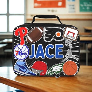 Sac à lunch isotherme de sport personnalisé pour enfants Boîte à lunch d'école Déjeuner personnalisé Philly Sports Fan de Philadelphie Phillies Eagles Flyers Sixers