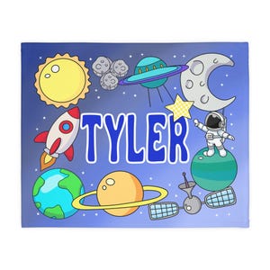Personalized Space Theme Kids Blanket with Name Galaxy Rocket Planets Stars Design Custom Baby Blanket for Boys & Girls Toddler Gift