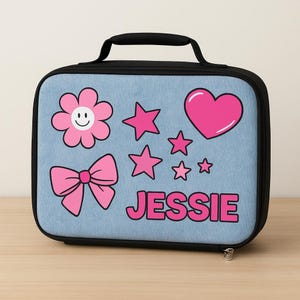 Custom Name Lunch Box Personalized Girls Lunch Box Cute Denim Print Insulated School Tote Back to School Gift Preppy Girl Cooler Bag