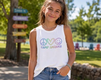 Custom Camp Tank Top for Girls Rainbow Personalized Camp Shirt Custom School Tank Summer Camp Apparel Trendy Camp Clothes Peace Love Happy