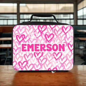 Personalized Lunch Bag Pink Hearts Insulated School Lunch Tote Girls Lunch box Customized Lunch Box Back to School Gift for Kids Daycare