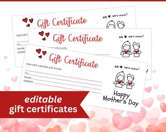 May include: Three printable gift certificate templates with a red heart design and the text "Gift Certificate". The certificates are for Mother's Day and feature a cartoon couple with hearts and the text "We love you mom!"