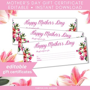 Printable Mother&#39;s Day Gift Certificate, Editable Voucher
