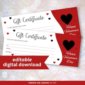 Printable, Editable Valentine's Day Gift Certificate