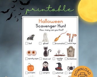 May include: A printable Halloween scavenger hunt game with a checklist of Halloween-themed items to find, including a bat, ghost, broomstick, witch legs, spooky eyes, black cat, zombie hand, tombstone, pumpkin, vampire, witch hat, spider, spider web, jack-o-lantern, scarecrow, and skull. The game is designed for kids and features colourful illustrations.