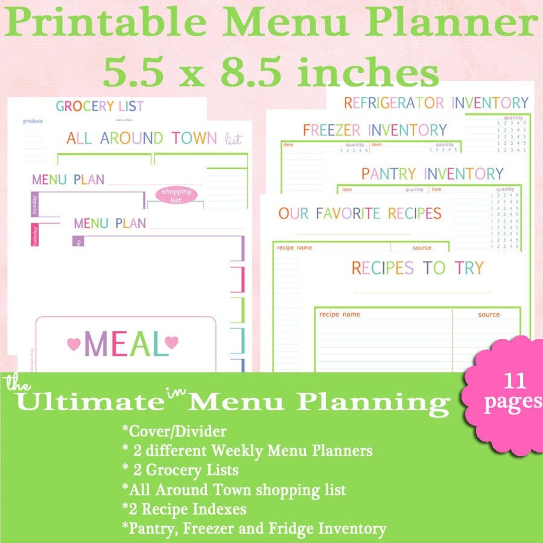 Printable Menu Planner, Meal Planner, Half Size Meal Planner - Etsy