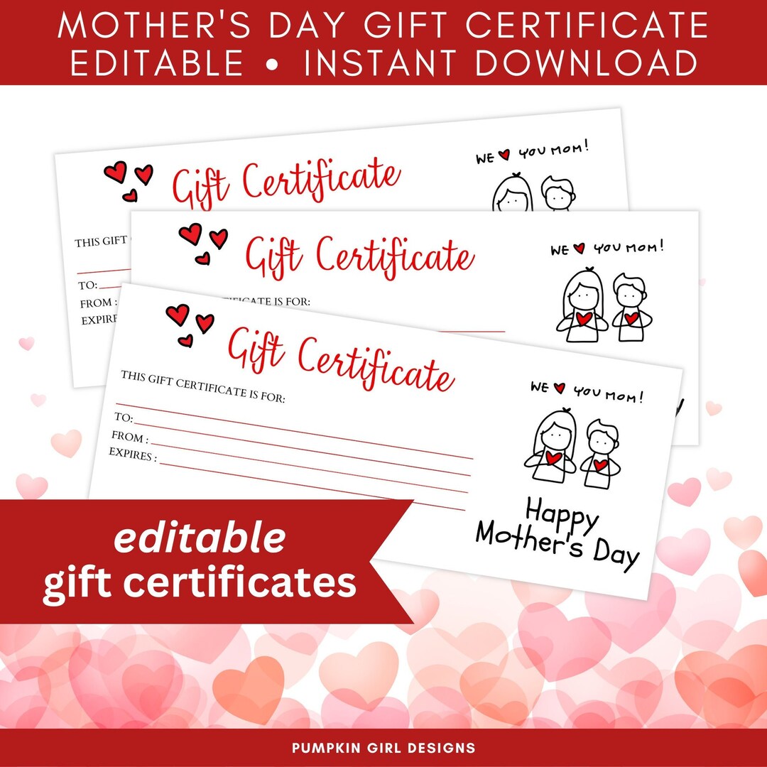 Printable Mother's Day Gift Certificate, Editable, Gift From Kids - Etsy