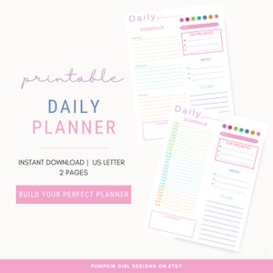 May include: Printable daily planner with a colorful design. The planner includes sections for schedule, top priorities, menu, and to do. The planner is available for instant download and is US letter size.