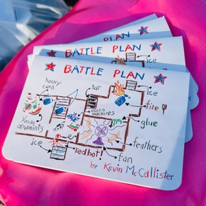 K&ouml;nnte beinhalten: Ein Stapel wei&szlig;er Papierbl&auml;tter mit einer handgezeichneten "BATTLE PLAN"-Zeichnung. Der Plan enth&auml;lt beschriftete Illustrationen von "heavy cans", "tar", "fire" und "Xmas ornaments". Der Name des K&uuml;nstlers, "Kevin McCallister", steht unten.