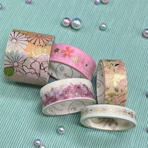 Juego de 5 cintas washi japonesas de primavera y Sakura doradas, cinta decorativa para manualidades y planificación, cinta Washi para planificador de álbumes de recortes