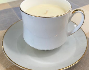 Tea Cup Candle - Vintage Tea Cup and Saucer - Handmade Soy with Beeswax - Teacup Candle