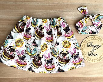 Pug Puppy Skirt - Size 0 1 2 3 4 5 6 7 Girls Clothing - Girl Skirt - Girls Skirts - Floral Skirt - Elastic Waist