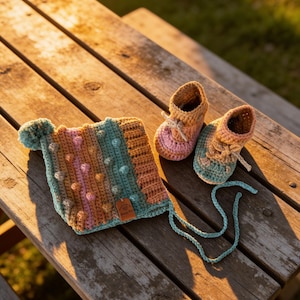 May include: A handmade crochet baby set, including a bonnet and booties, in pastel colours of pink, blue, and peach. The bonnet has a textured design with a pom-pom and a small leather tag. The booties have laces.