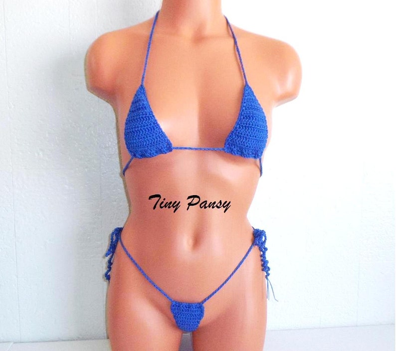 Blue Crochet Bikini, Crochet Lingerie Micro Thong Gstring Bikini by Tiny Pa...