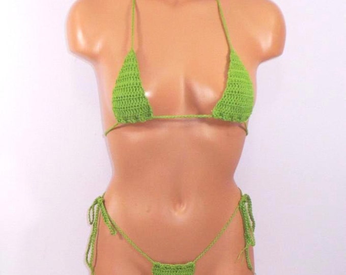 Solid Green Crochet Micro G-String Bikini, Hot Sexy Thong Crochet Bikini, M...