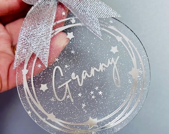 Glitter Christmas tree decoration, personalised Xmas bauble, silver sparkle, family keepsake