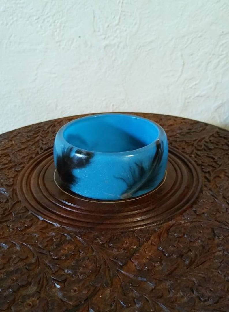 Sparkly Blue Wide Bangle Bracelet with Feathers Lucite Resin Plastic