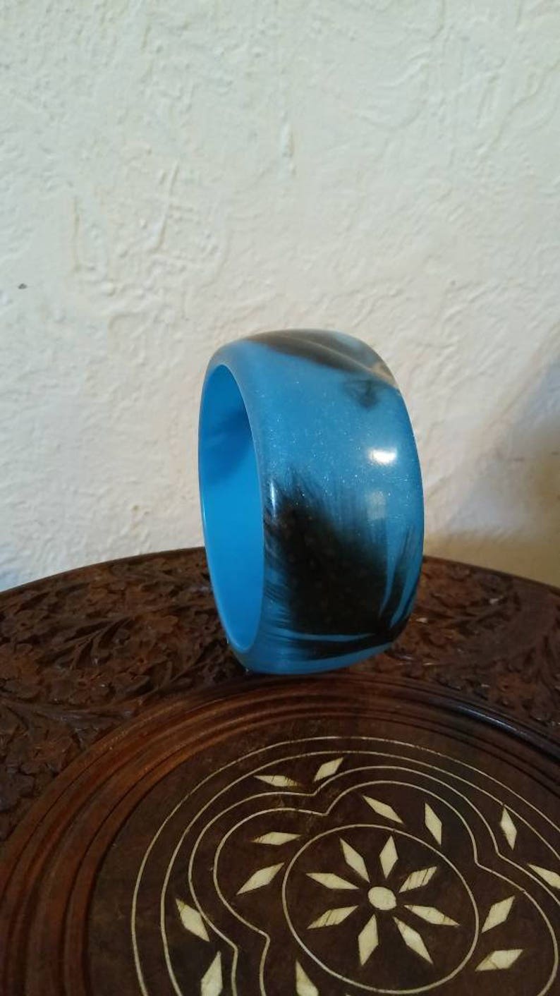 Sparkly Blue Wide Bangle Bracelet with Feathers Lucite Resin Plastic