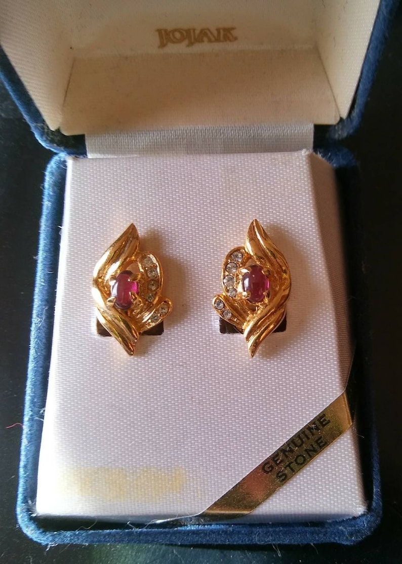 Clip On Gold Toned January Birthstone Gift Garnet and Rhinestone Earrings by Jojak