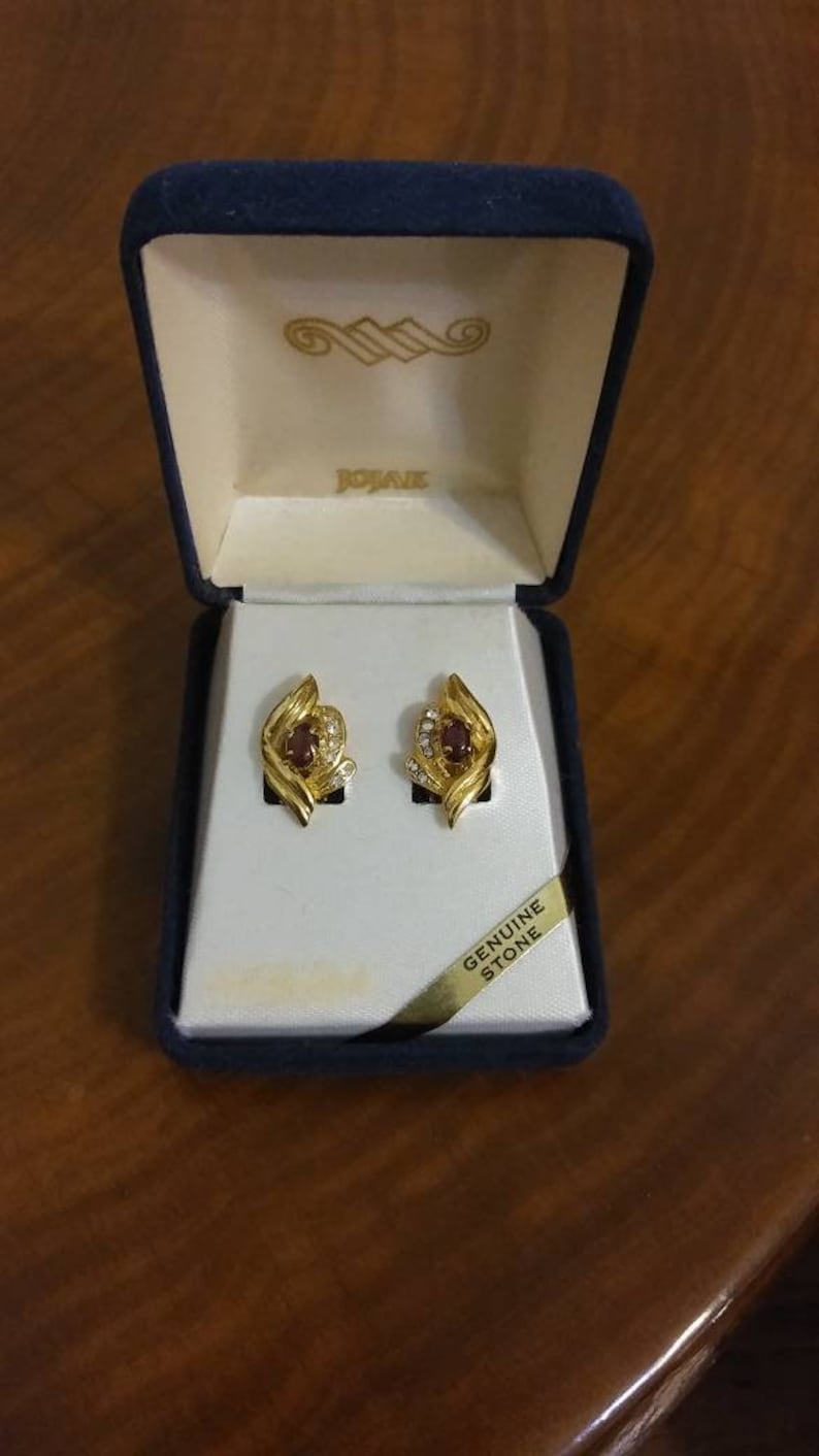 Clip On Gold Toned January Birthstone Gift Garnet and Rhinestone Earrings by Jojak