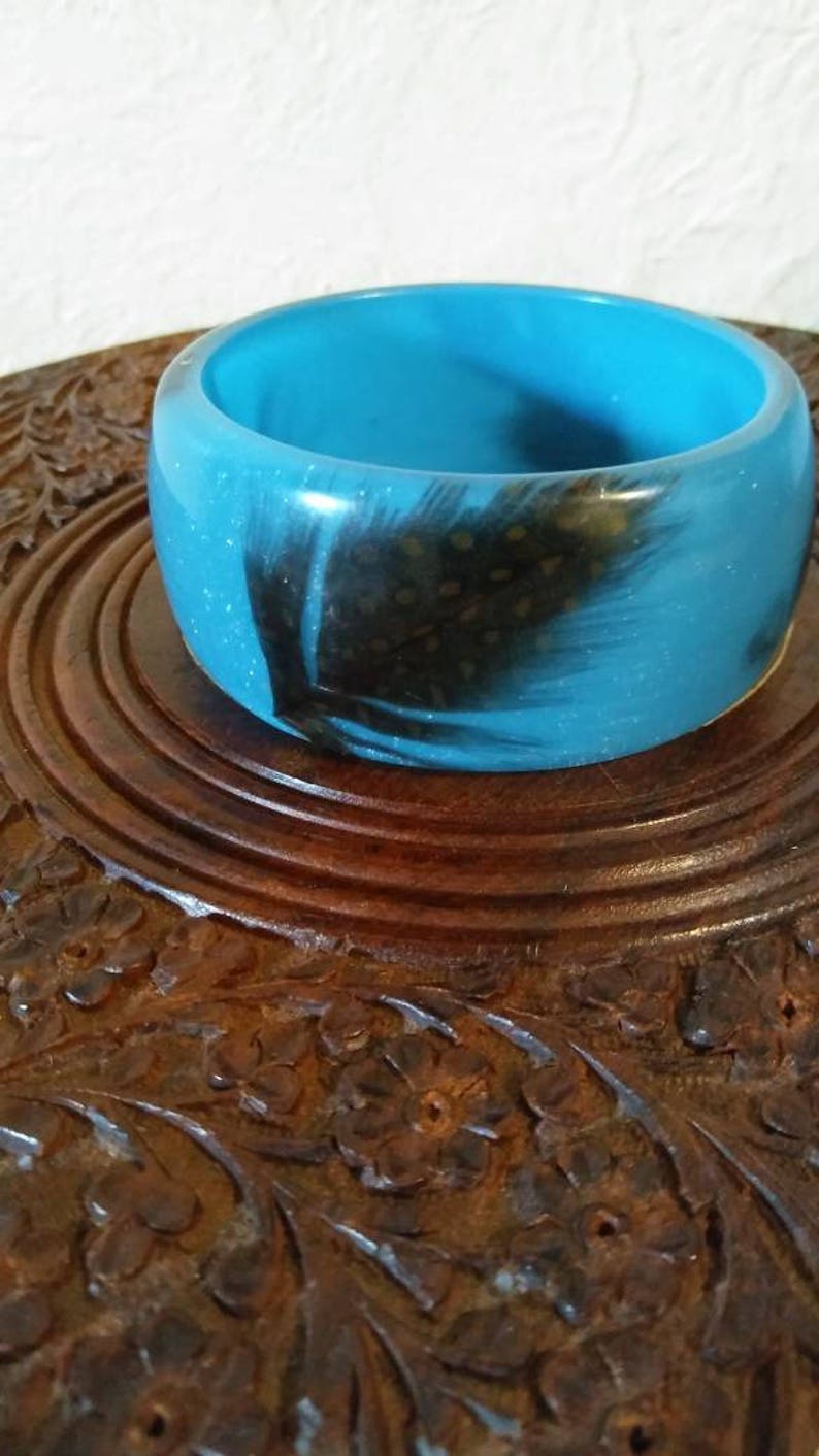 Sparkly Blue Wide Bangle Bracelet with Feathers Lucite Resin Plastic