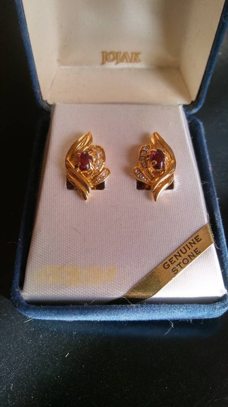 Clip On Gold Toned January Birthstone Gift Garnet and Rhinestone Earrings by Jojak