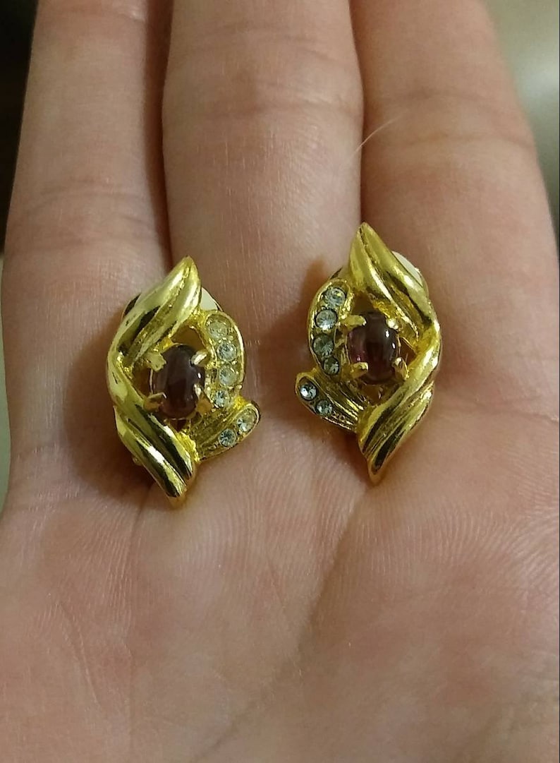 Clip On Gold Toned January Birthstone Gift Garnet and Rhinestone Earrings by Jojak