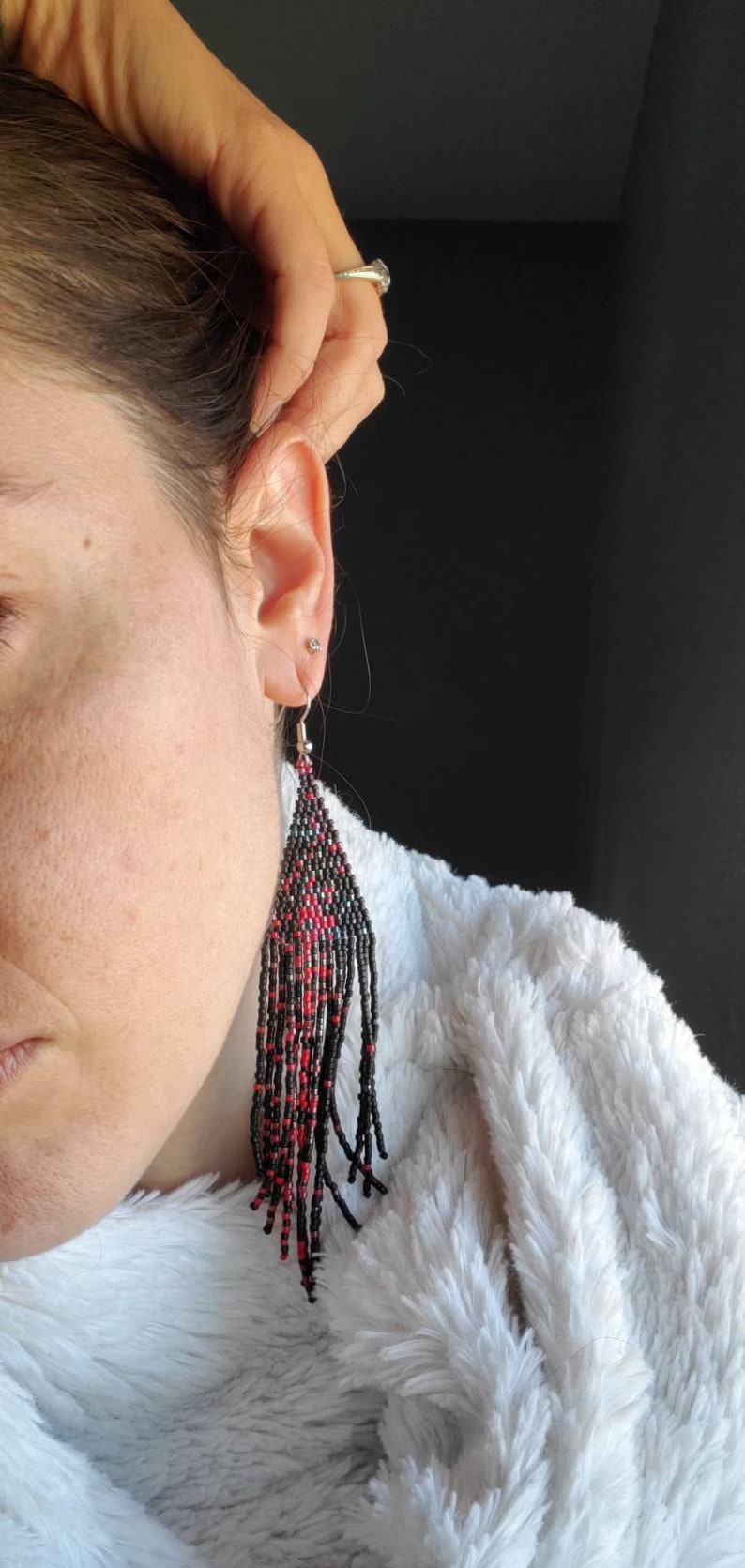 Red /& Black Handwoven Beaded Earrings