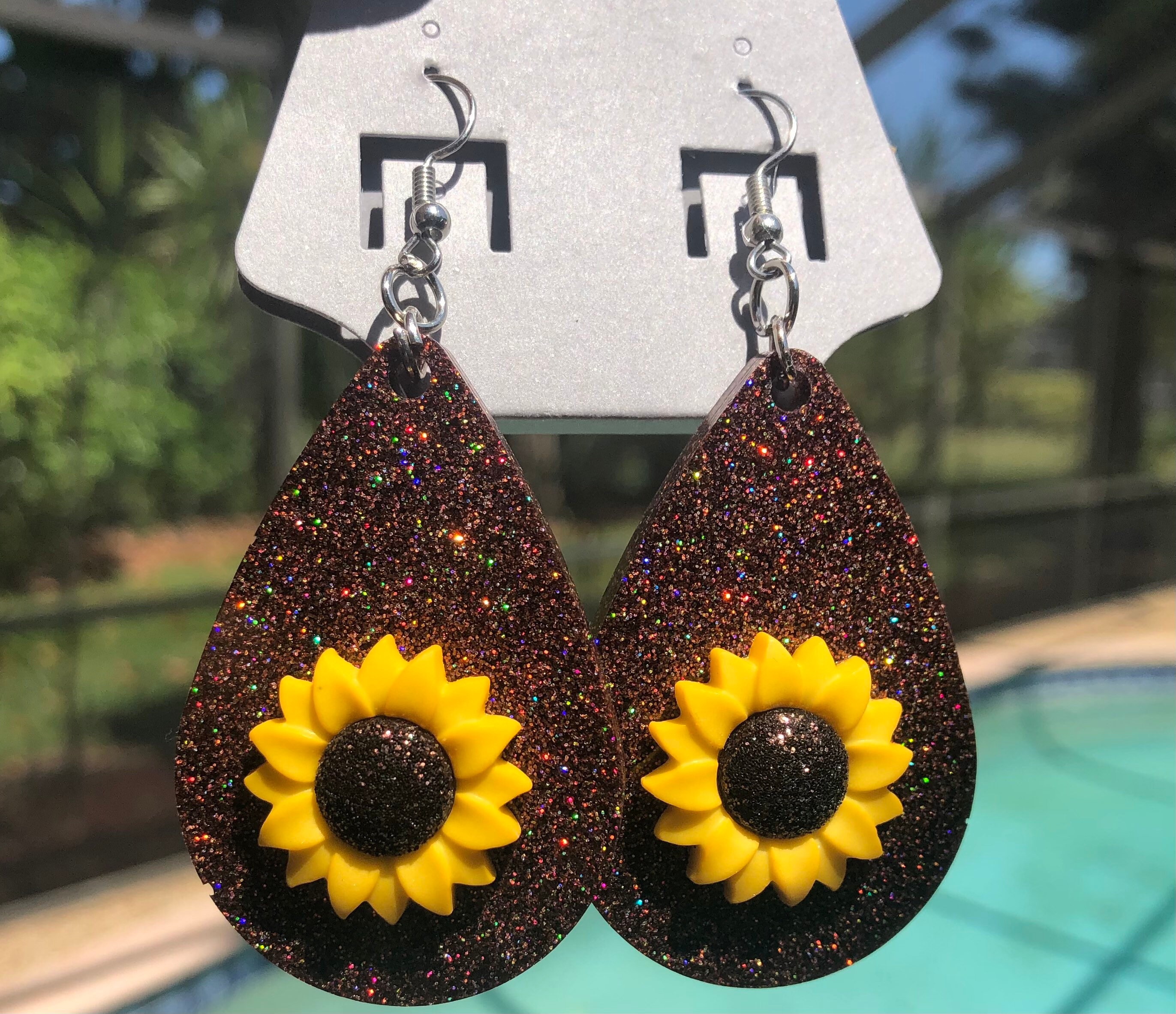 Large brown teardrop sunflower earrings Etsy