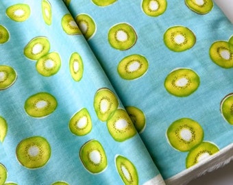 CLEARANCE- Save 25% // Kiwi Blue, Hand Print Fruits, Kokka Double Gauze Fabric, 2.5 Yards