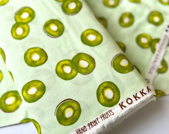 CLEARANCE- Save 25% // Kiwi Green, Hand Print Fruits, Kokka Double Gauze Fabric, 4 Yards
