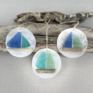 Beach Ornament, Seaglass Ornament, Seaglass Tree Ornament, Seaglass Boat Ornament, Boat Ornament