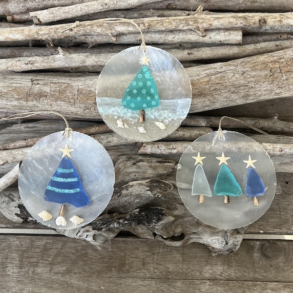 Personalized Sea Glass Christmas Tree Ornament, Beach Christmas, Ocean Lover Gift, Coastal Ornament, Christmas Tree With Shells, Starfish - Best Custom