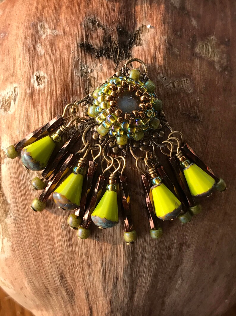 Chartreuse and Bronze Twisted Bugle Bead Pendant Pendant Etsy