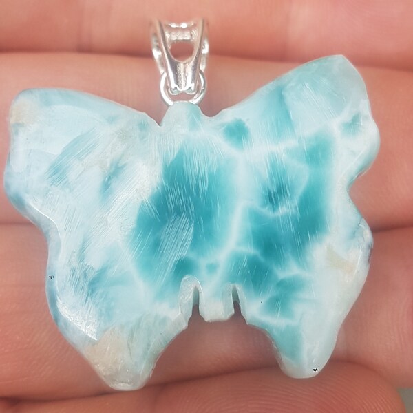 PREMIUM larimar turtle back pattern carved BUTTERFLY Gemstone 925 sterling silver pendant (bah-6)