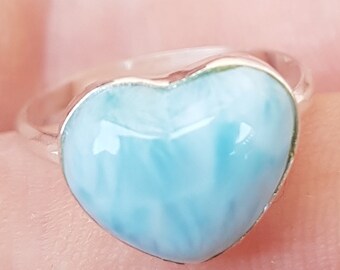 blue HEART Larimar gemstone 925 sterling silver  RING size 7 (lari-6)