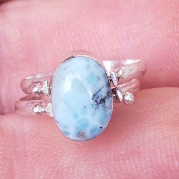 Flip 2 in 1  LARIMAR-pink conch SHELL gemstones 925 sterling silver reversible ring size 4 (ad-5)