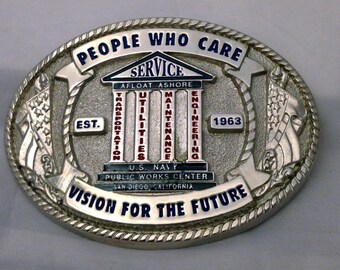 U.S. Navy Public Works Center Custom Belt Buckle (Solid Brass, Silver)