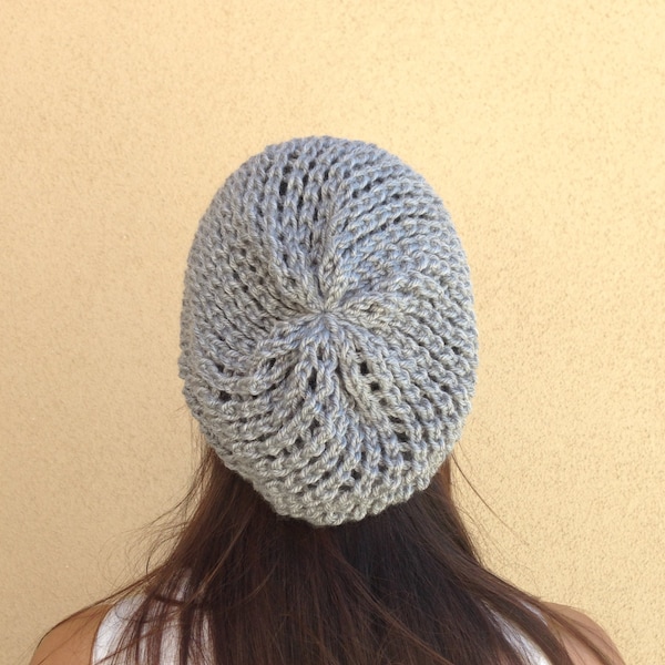 Lacy Hat, Knit Lace Hat in Light Gray, Lacy Beret, Slouchy Lacy Beanie, Mesh Hat, Gift for Her, Spring Hat,Summer Hat, Ready To Ship