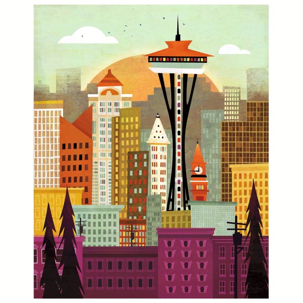 Seattle Skyline by Amber Leaders 5x7, 8x10, 11x14, 16x20 art print mid-century modern