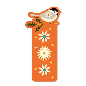 Peut inclure: Signet orange avec un oiseau blanc perché sur une branche verte avec des fleurs blanches et des accents jaunes.