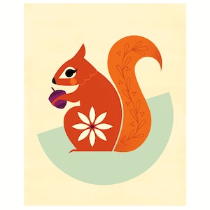 May include: A stylized illustration of an orange squirrel holding a purple acorn. The squirrel has a white flower on its back and a leafy tail.