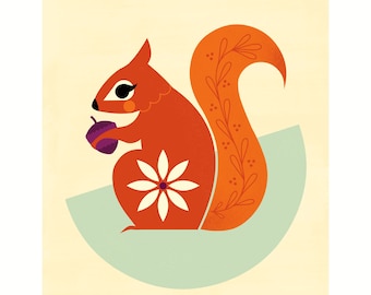 May include: A stylized illustration of an orange squirrel holding a purple acorn. The squirrel has a white flower on its back and a leafy tail.