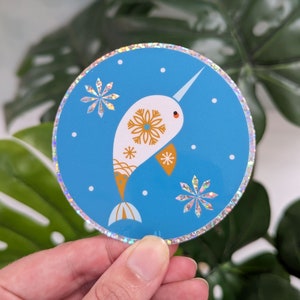 Glitter Narwhal Vinyl Sticker 3 inches in diameter