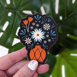 Black Floral Bouquet Red Vase Vinyl Sticker 3 inches tall, waterproof