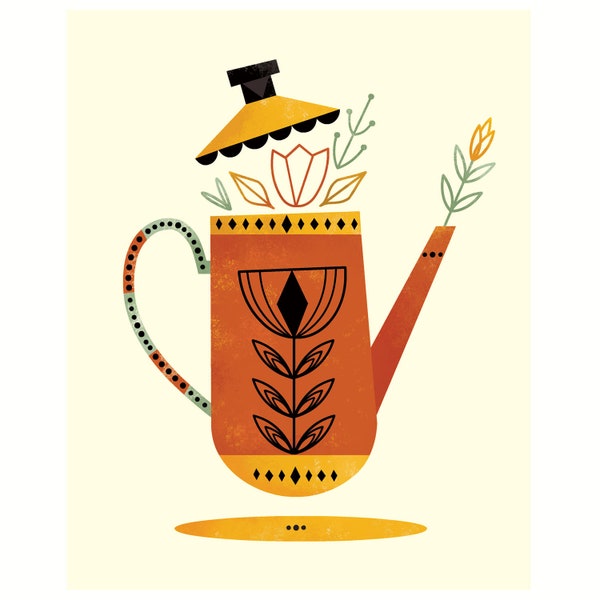 Tea for Two Set (Orange Kettle) by Amber Leaders 4x4, 5x7, 8x10, 11x14, 16x20 art print mid-century modern